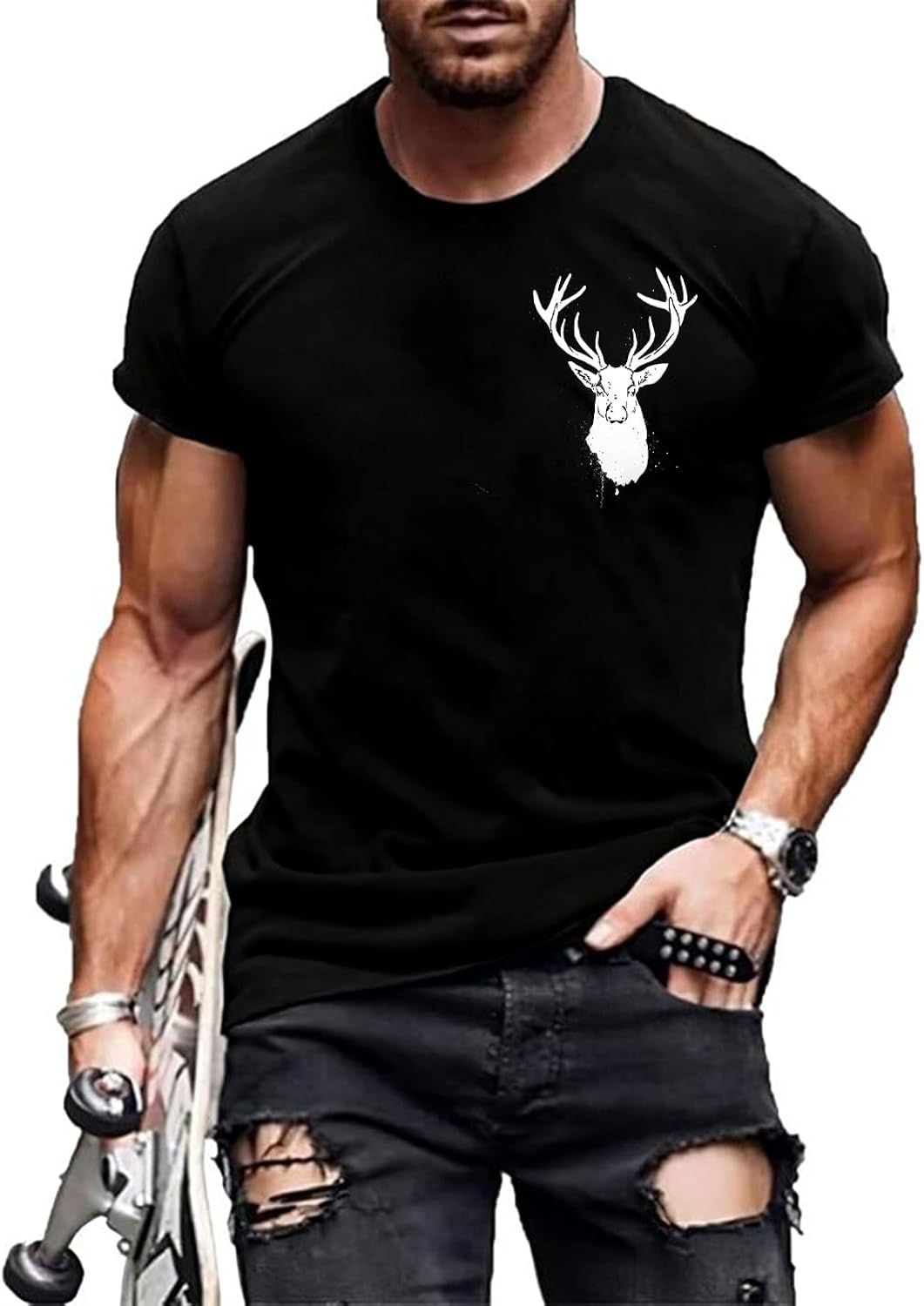 Western Shirts for Men Deer Print Short Sleeve T Shirts for Men Retro Graphic Tees for Men Crew Neck Loose Fit Pullover Tops for Men Summer Tops for Men 2025 F-Bull Horn Black M