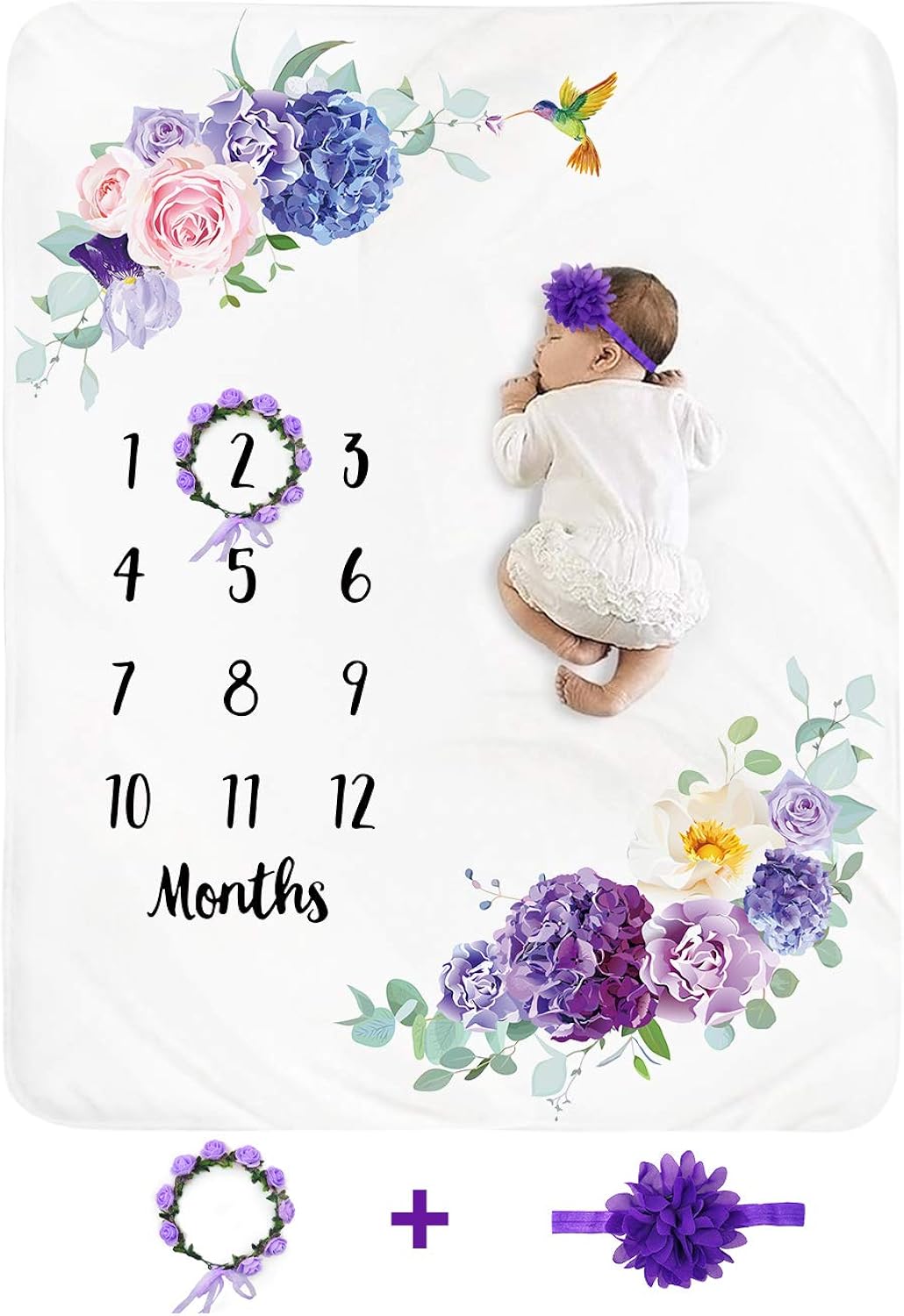 Baby Monthly Milestone Blanket Girl - Floral Newborn Month Blanket Personalized Shower Gift Soft Plush Fleece Photography Background Photo Prop Flower Rugs with Wreath Headband Large 51''x40''
