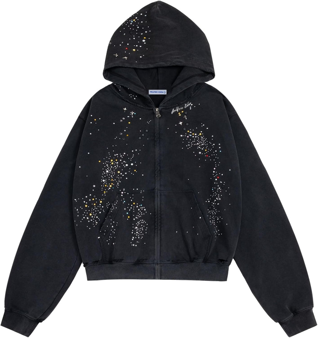 Star Rhinestone Zip Up Hoodies Womens Mens Casual Hooded Jackets Unisex Loose Crystal Y2K Pocket Sweatshirts