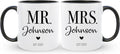 Personalized Mr & Mrs Coffee Mug Set | Customized Couple Gift Set for Engagement, Wedding, Anniversary, Valentine's Day | Custom Name Ceramic Tea Cup | 11 oz (White - Black)