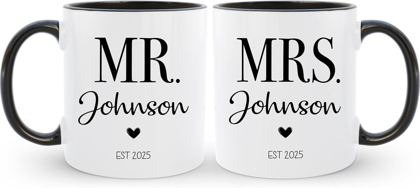 Personalized Mr & Mrs Coffee Mug Set | Customized Couple Gift Set for Engagement, Wedding, Anniversary, Valentine's Day | Custom Name Ceramic Tea Cup | 11 oz (White - Black)
