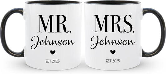 Personalized Mr & Mrs Coffee Mug Set | Customized Couple Gift Set for Engagement, Wedding, Anniversary, Valentine's Day | Custom Name Ceramic Tea Cup | 11 oz (White - Black)