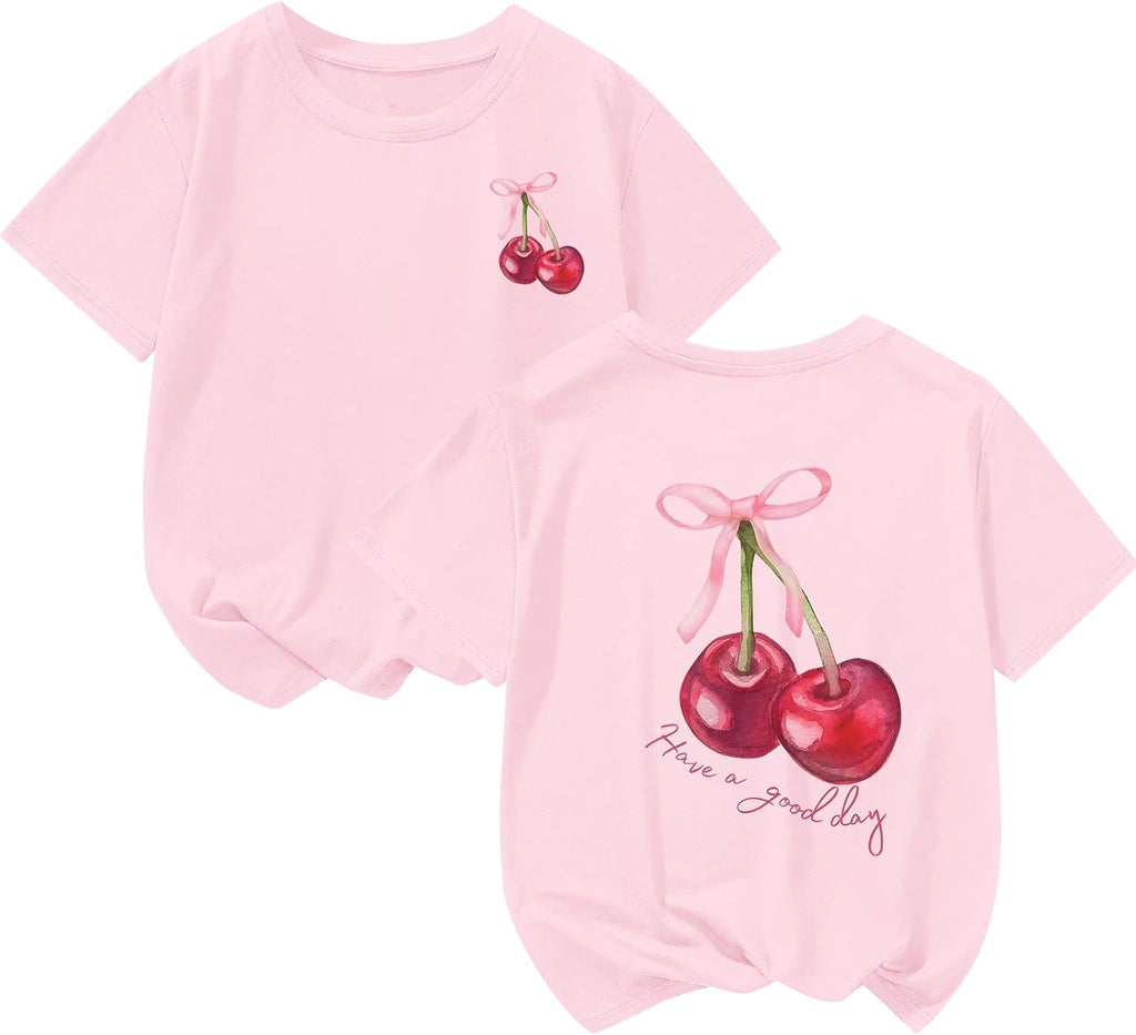 Girls Cute Graphic Tees Kids Bow Cherry Shirt Aesthetic Short Sleeve T Shirts Casual Summer Crew Neck Top Clothes