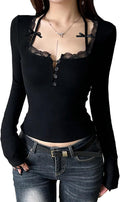 Women Square Neck Long Sleeve Grunge Shirt Tops Lace Trim Y2K Gothic Aesthetic Fairy T Shirts Vintage Tee Fall Clothes