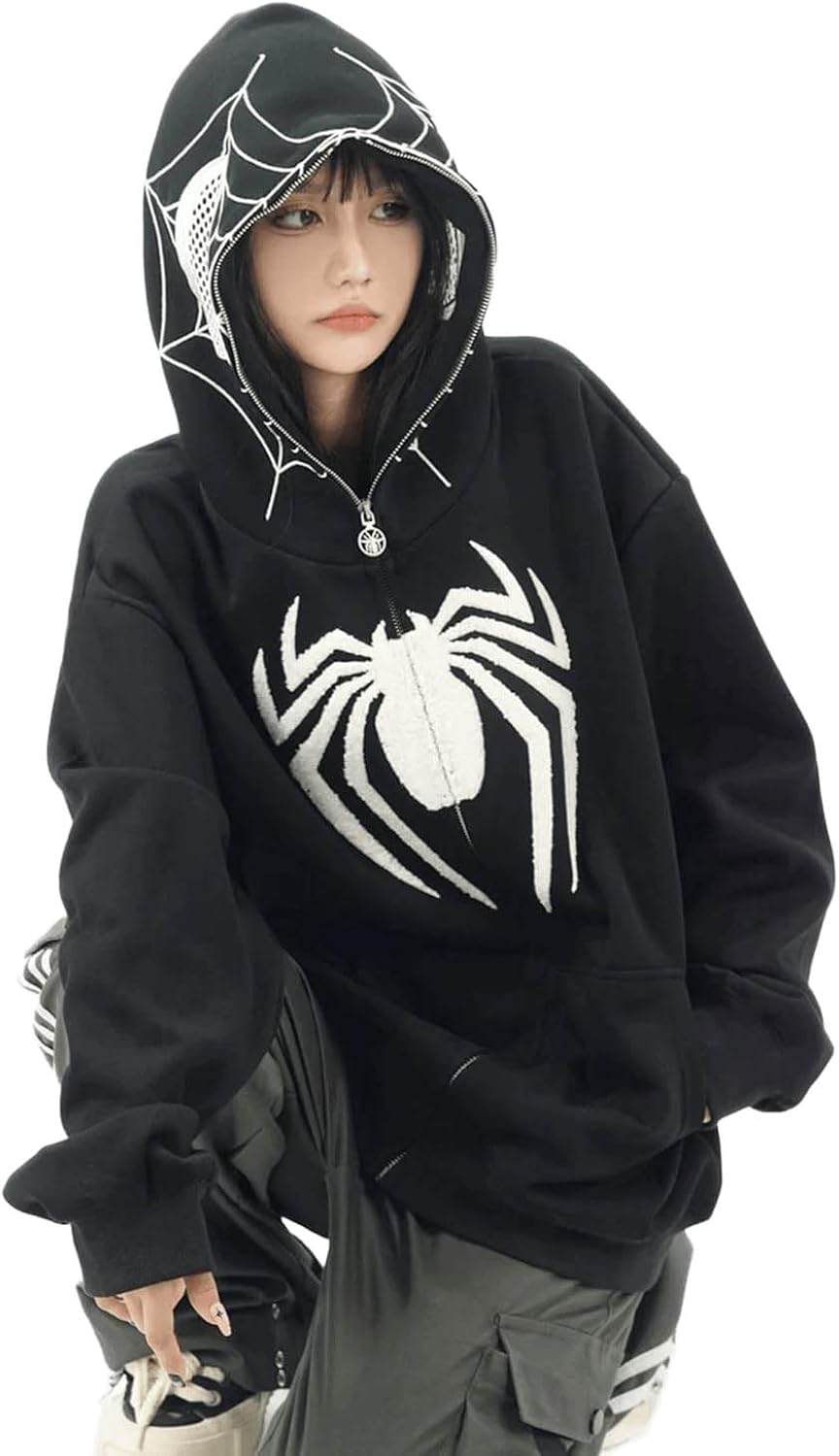 Y2K Hip Hop Spider Hoodie for Women Men Graphic Full Zip up Hoodies Oversized Kawaii gothic punk Hoodies Jacket