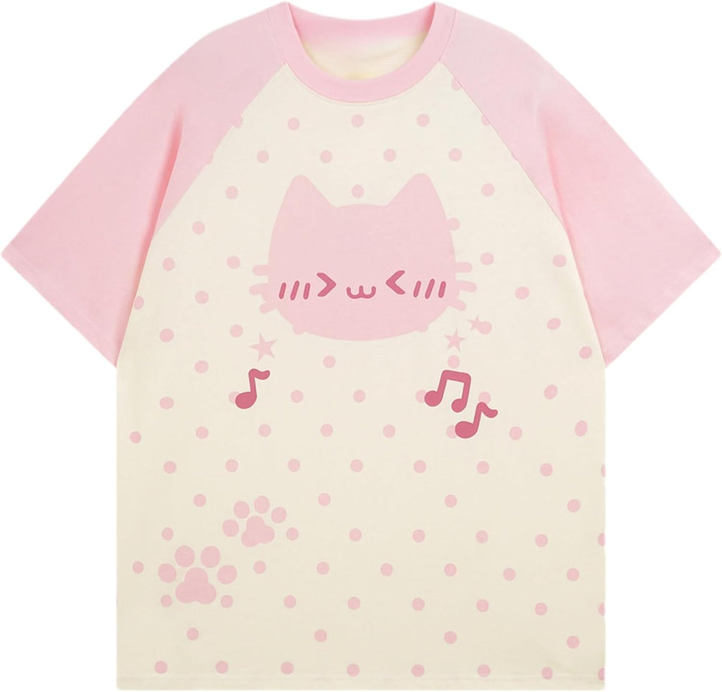 Y2K Cutecore Kawaii Teen Shirt Coquette Harajuku Oversize Japan Cat Print Cute Tshirt Top Clothes