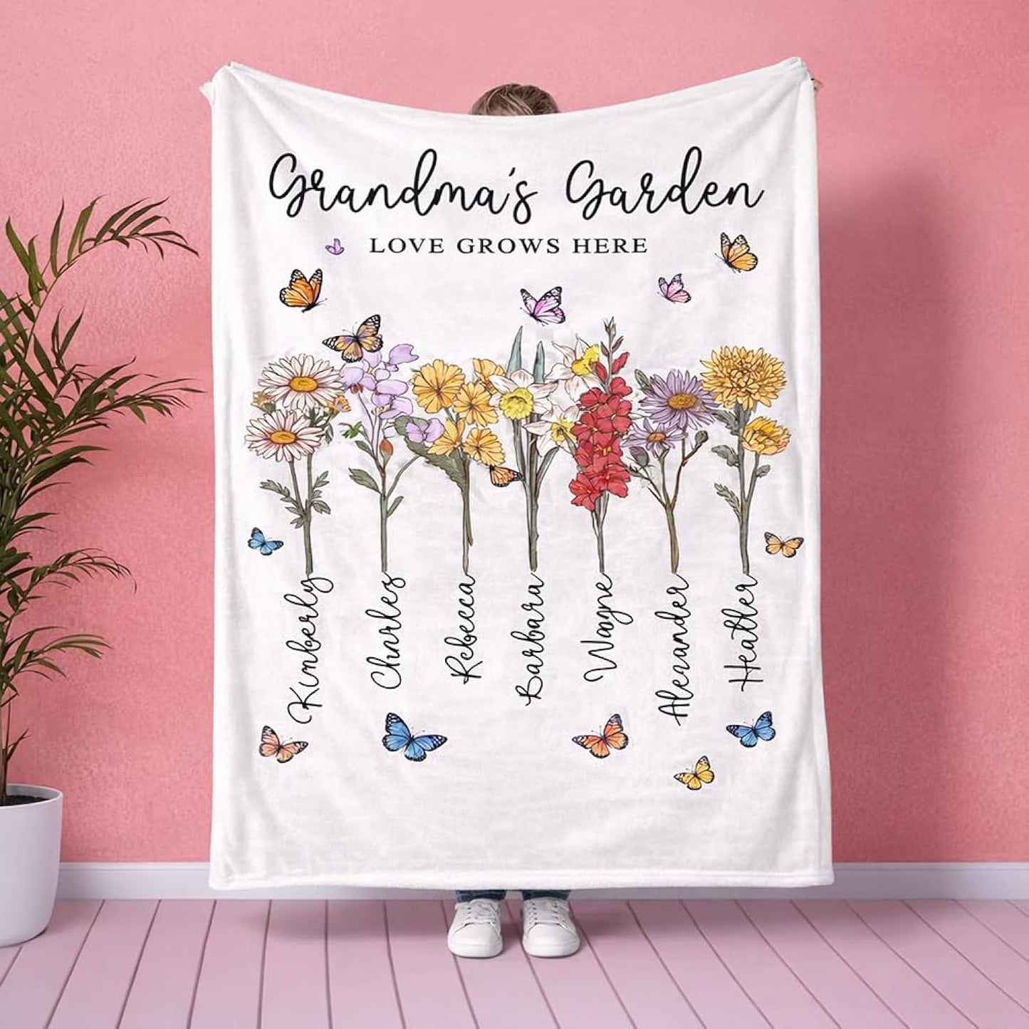 Personalized Grandma's Garden Blanket, Custom Birth Flowers Soft Throw Blankets with Family Name, Gifts for Mom Mothers Day Birthday Christmas, Cozy Family Throw, Idea 3