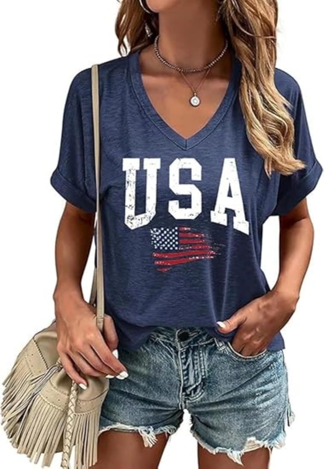 4th of July Patriotic V Neck Shirt for Women Funny American Flag Graphic Tee Summer Short Sleeve T-Shirt Blouse