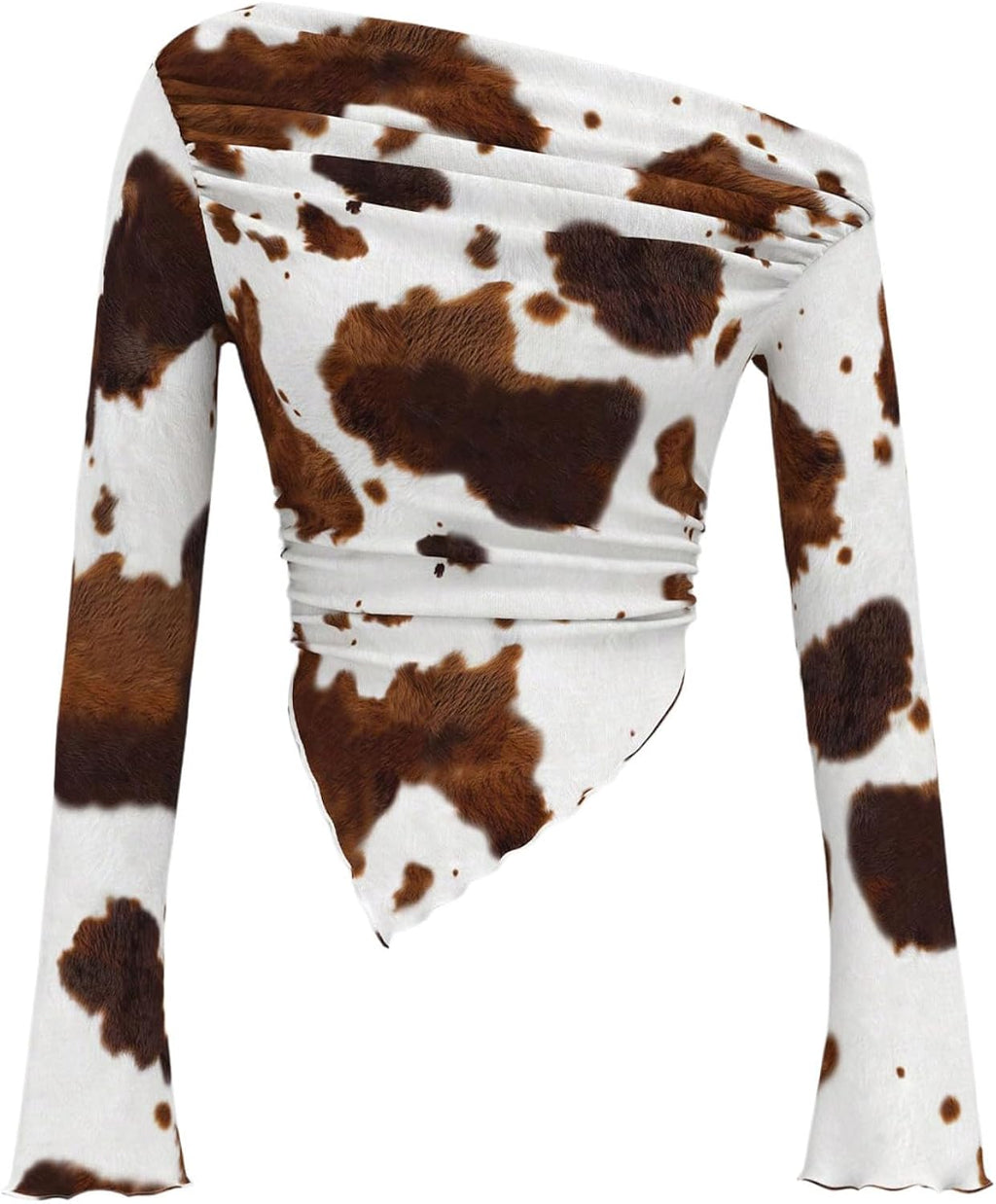 Women's Y2K Cow Print Bell Long Sleeve T Shirt Ruched Asymmetrical Neck Slim Fitted Tee Tops