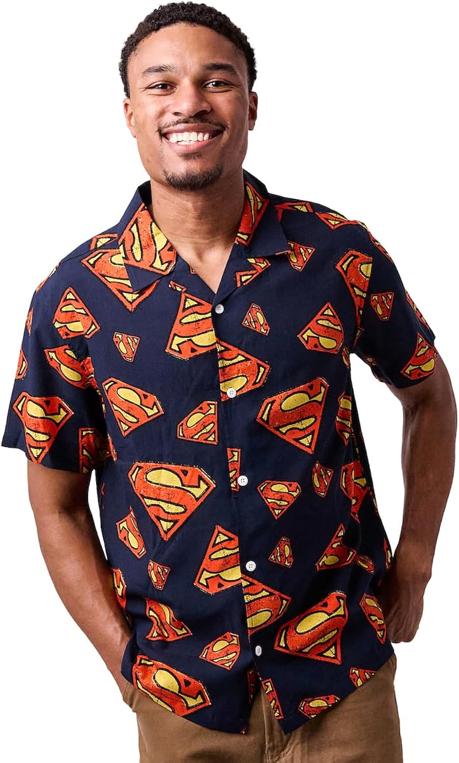 Superman S-Shield All-Over Print Men's Collared Button-Up Short Sleeve Shirt