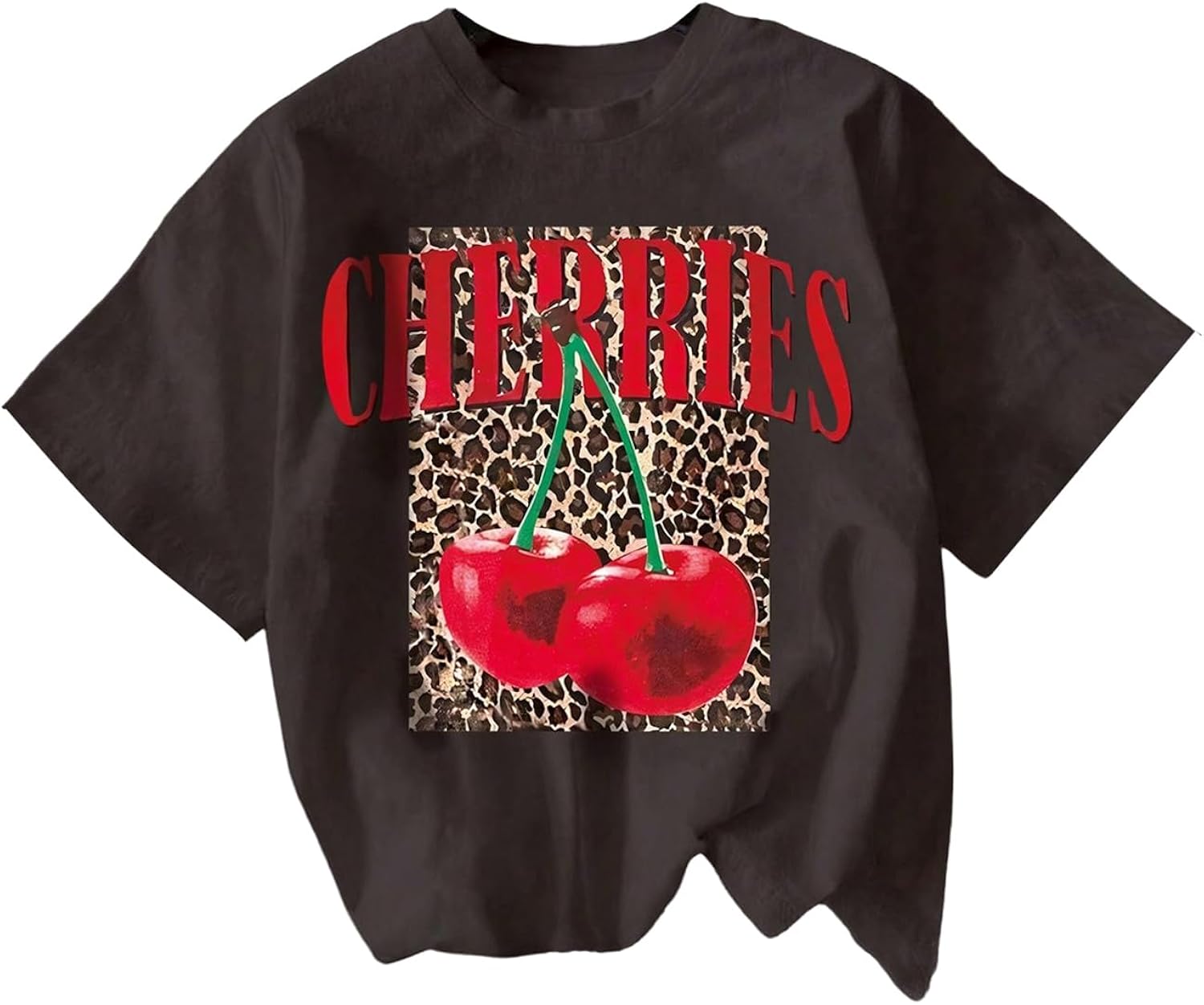 Women's Plus Size Graphic Tees Cherry Leopard Print T Shirt Crew Neck Short Sleeve Loose Tops