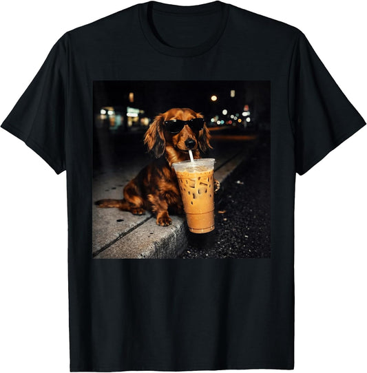 Funny Dachshund Drinking Iced Coffee Cute Dog Meme Humor T-Shirt