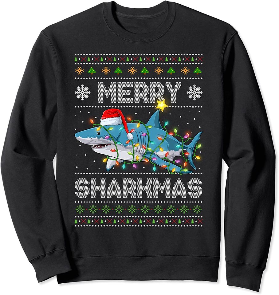 Cute Sharks Sweatshirt Merry Sharkmas Christmas Lights