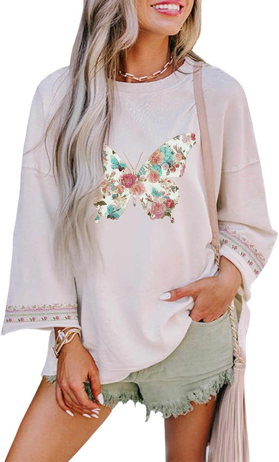 Womens Floral Graphic Blouse Summer Cotton Blend Loose Fit Top with Embroidered Sleeves Casual Vacation Tee