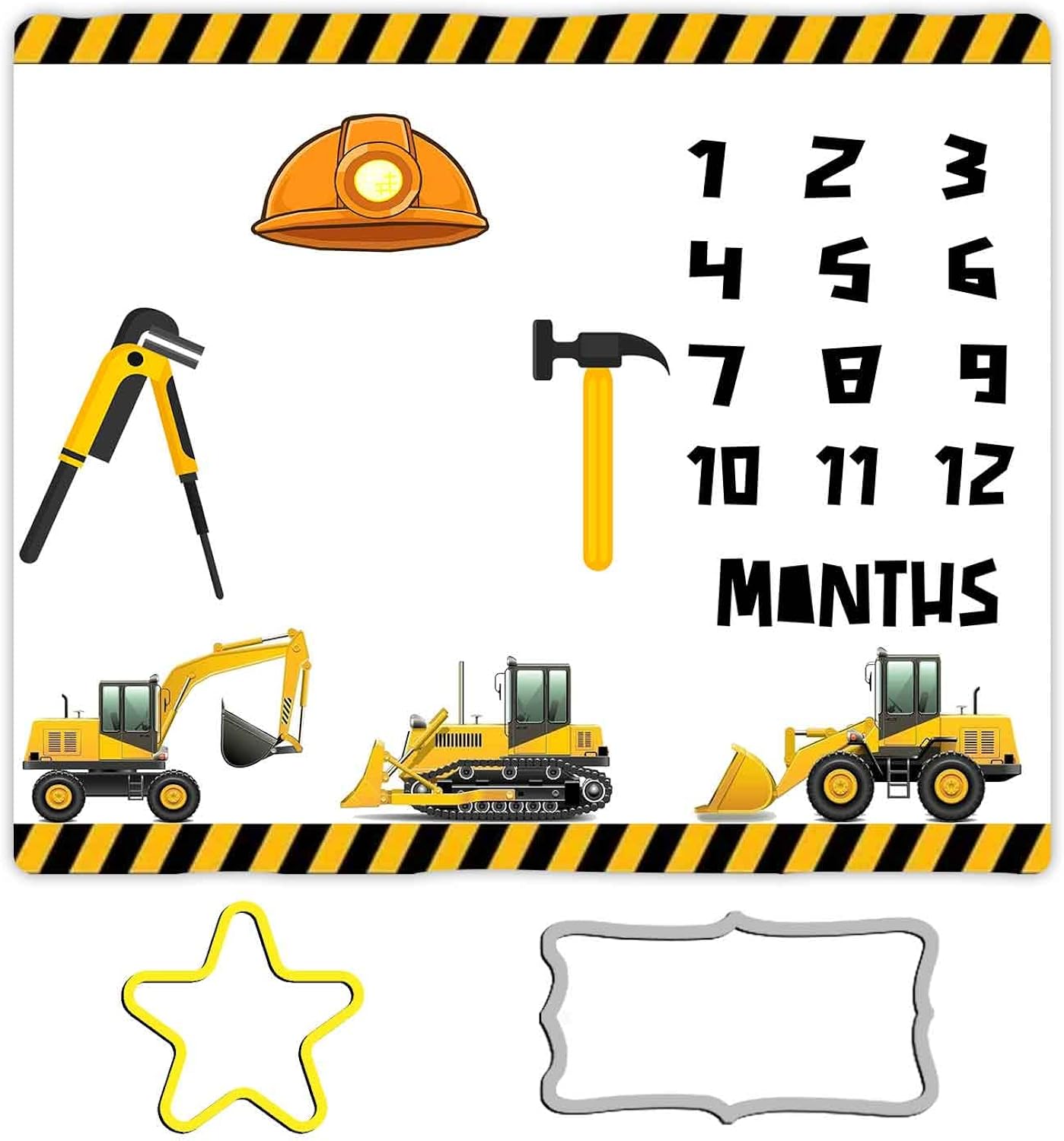 BTXFME25 Construction Vehicle Baby Milestone Blanket, 48x40in Hard Hat Tool Hammer, Soft Flannel for Nursery, Newborn Gift, Baby Shower