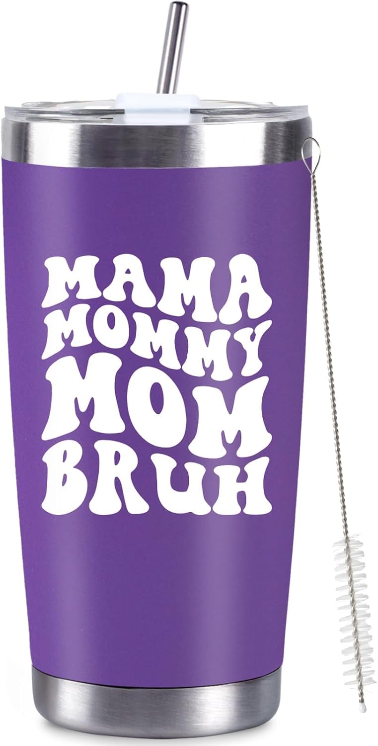 Mother's Day Gifts for Mom from Daughter Son Kids 20 Oz Funny Purple Mama Mommy Mom Brush Stainless Steel Tumbler Coffee Travel Mug with Lid and Brush Christmas Gift, Purple