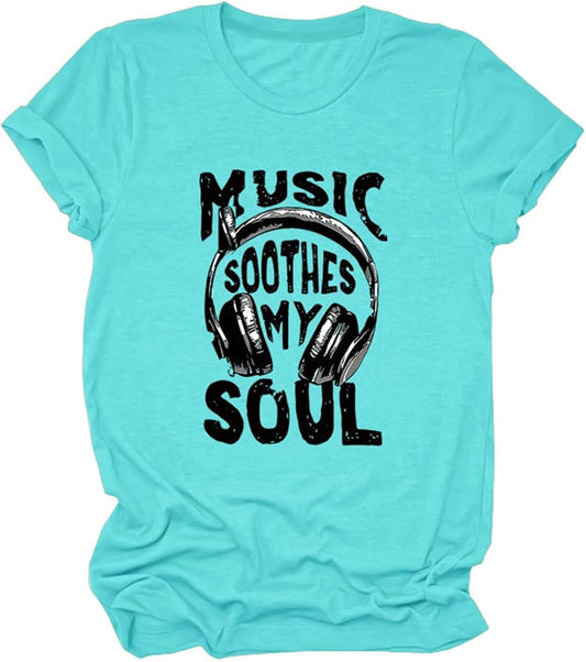 Rock Band T-Shirt Women Music Soothes My Soul Shirt Funny Headset Graphic Tee Country Concert Short SleeveTop
