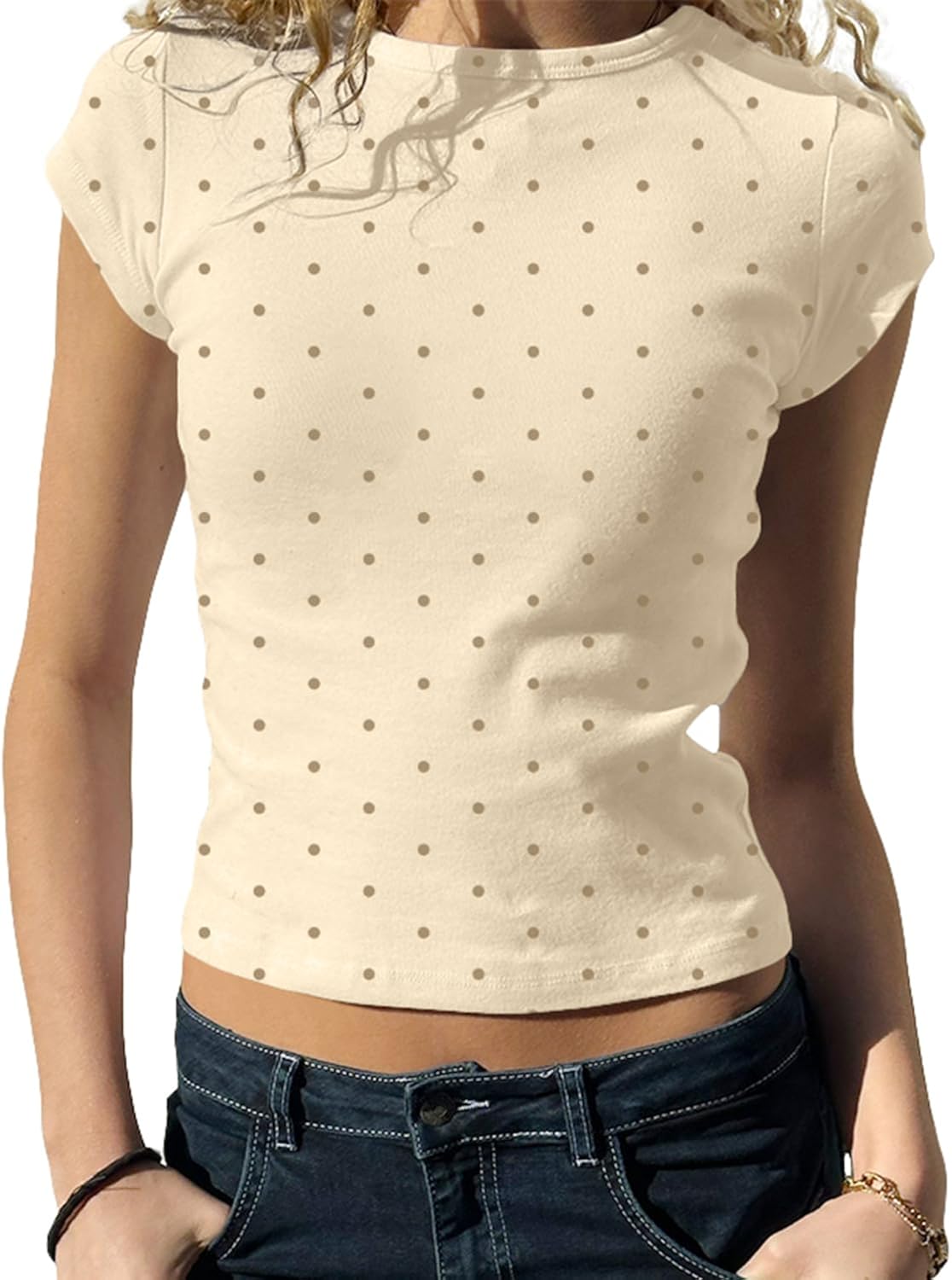 Women Cute Polka Dot Jersey Short Sleeve Crop Tshirt Y2K Aesthetic Teen Round Neck Slim Baby Tee Shirt Going Out Tops
