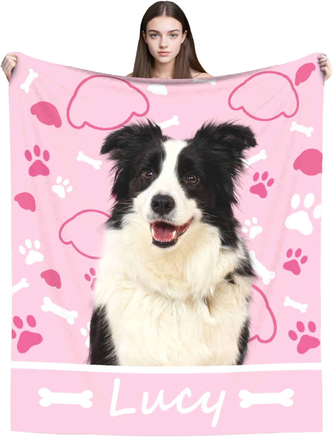 OHORTEB Ships Next Day, Custom Dog Blanket with Photo, Personalized Pet Name Fleece Throw Blanket Customized Puppy Picture Bereavement Passing Away Gifts, Print in USA (1 Photo(Bone Name))