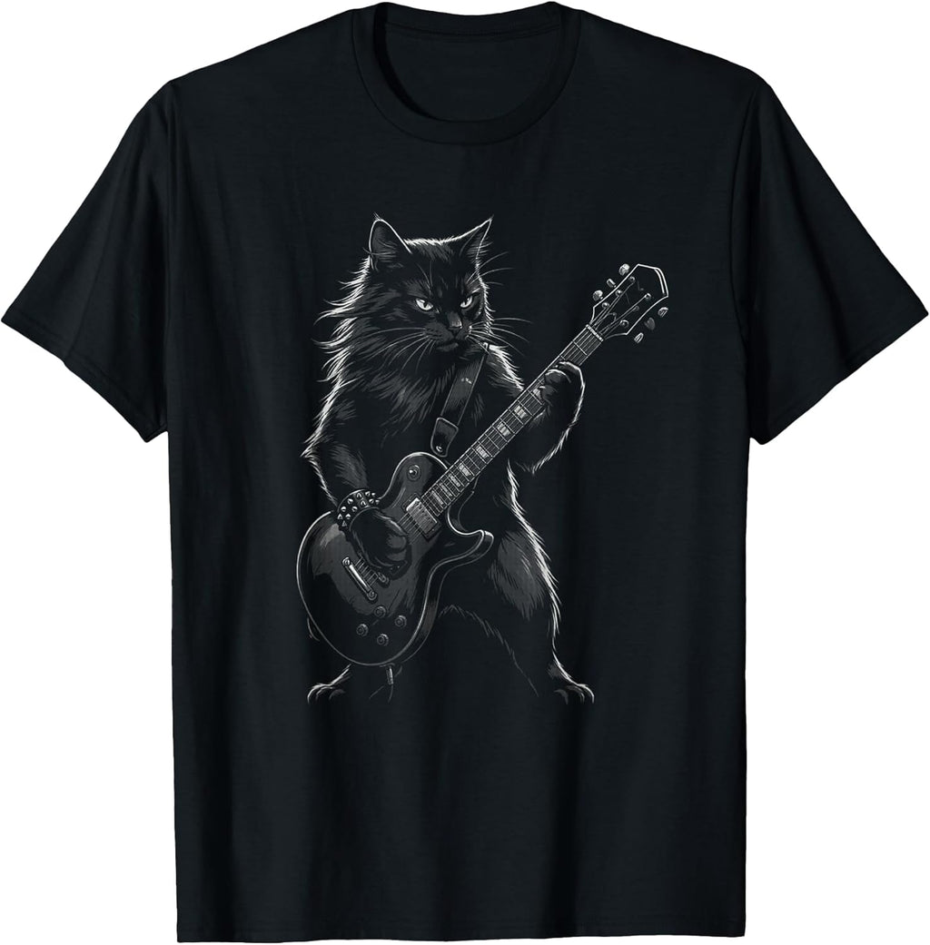 Black Cat Playing Electric Guitar Gothic Rocker T-Shirt