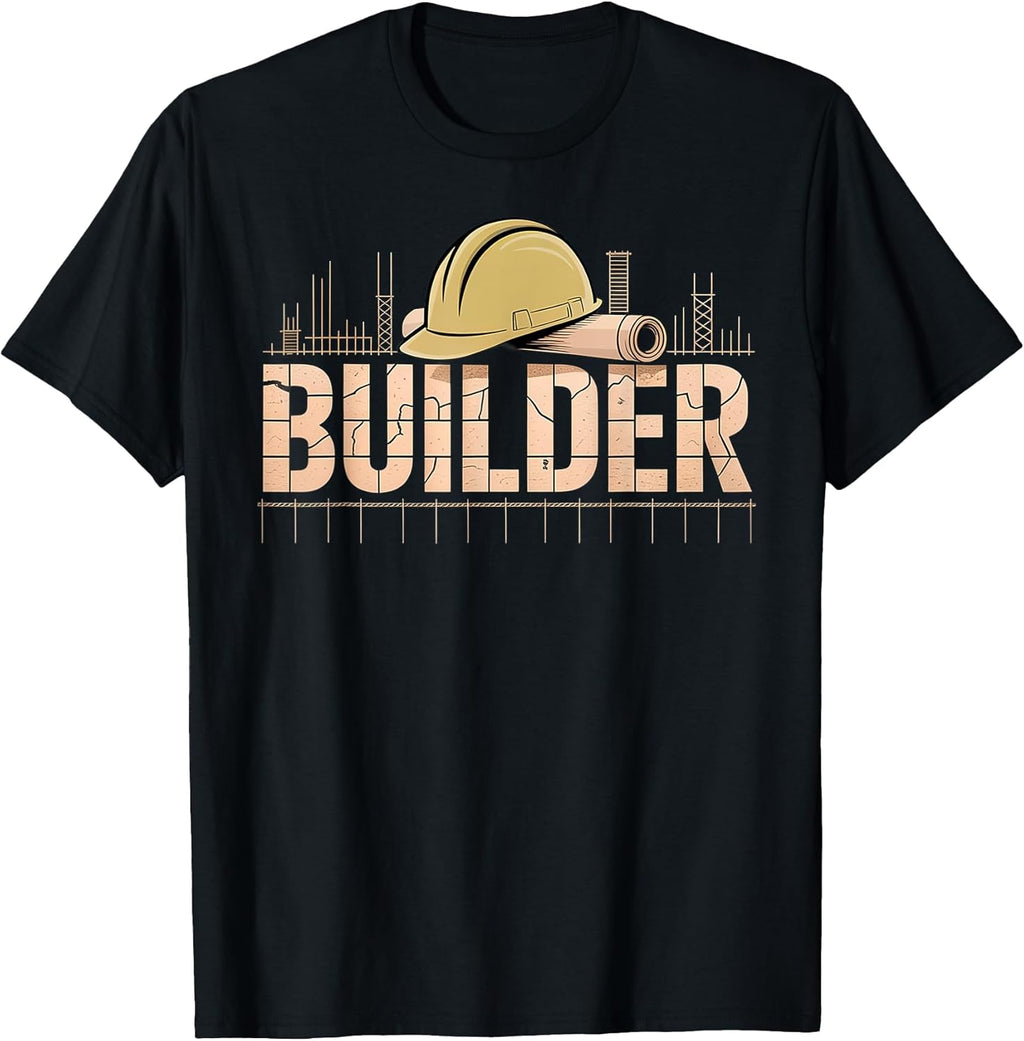 Builder Construction Graphic with Hard Hat and Blueprint T-Shirt