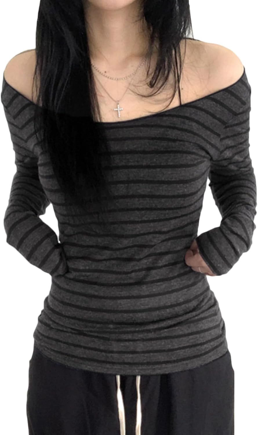 Women Stripe Off Shoulder Long Sleeve Grunge Shirt Tops Y2K Graphic Aesthetic Gothic T Shirts Vintage Tee Fall Clothes
