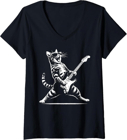 Womens Guitar Cat Novelty Rock Music Band Concert Funny Cat V-Neck T-Shirt