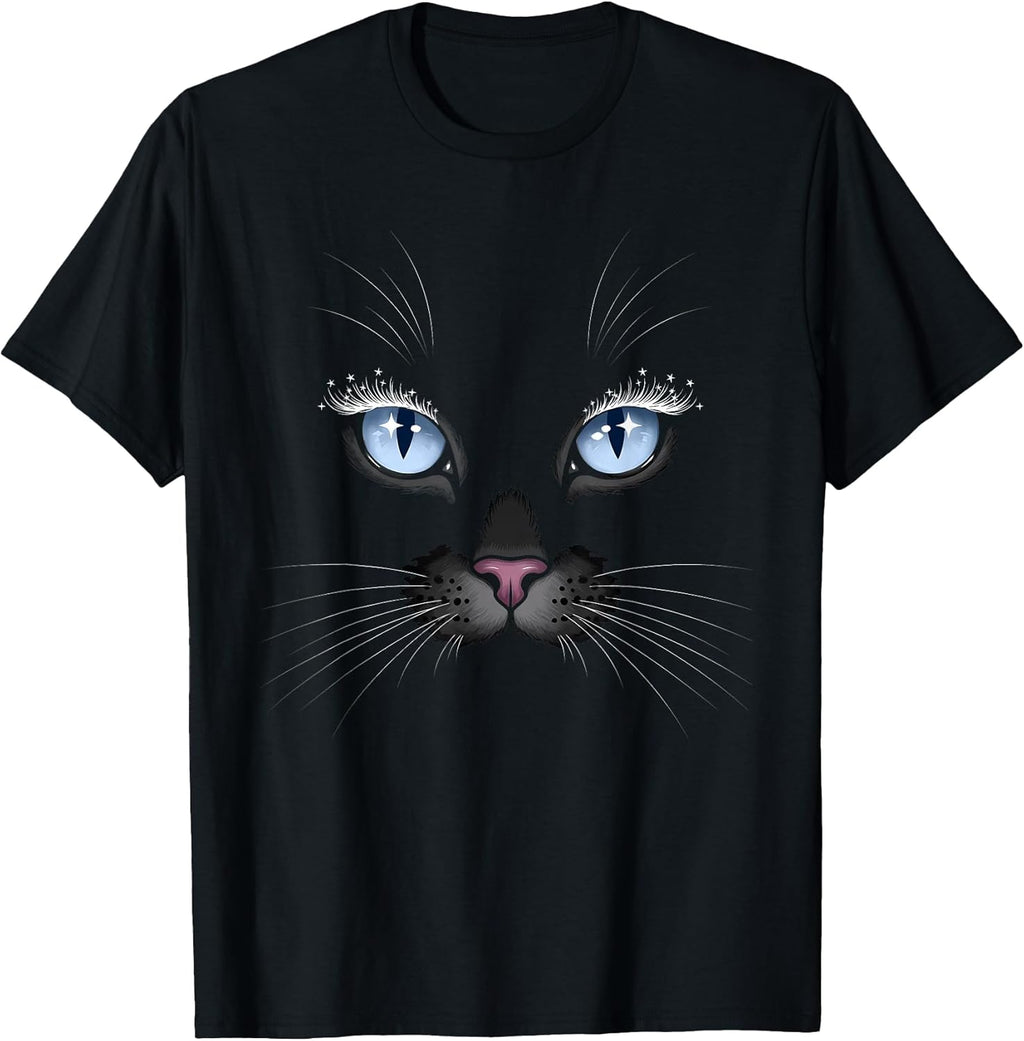 Black Cat Face Blue Eyes Sparkle Lashes Glamorous Cats Lover T-Shirt