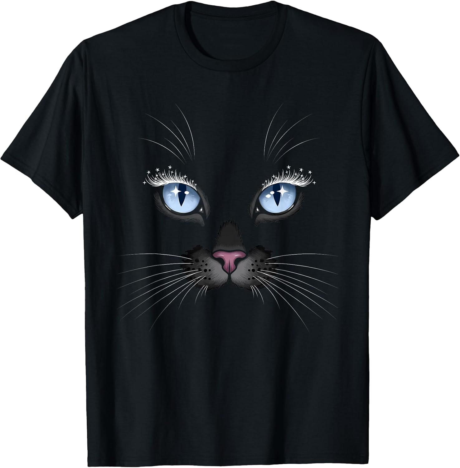 Black Cat Face Blue Eyes Sparkle Lashes Glamorous Cats Lover T-Shirt