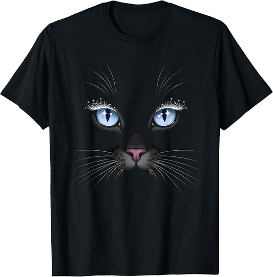 Black Cat Face Blue Eyes Sparkle Lashes Glamorous Cats Lover T-Shirt