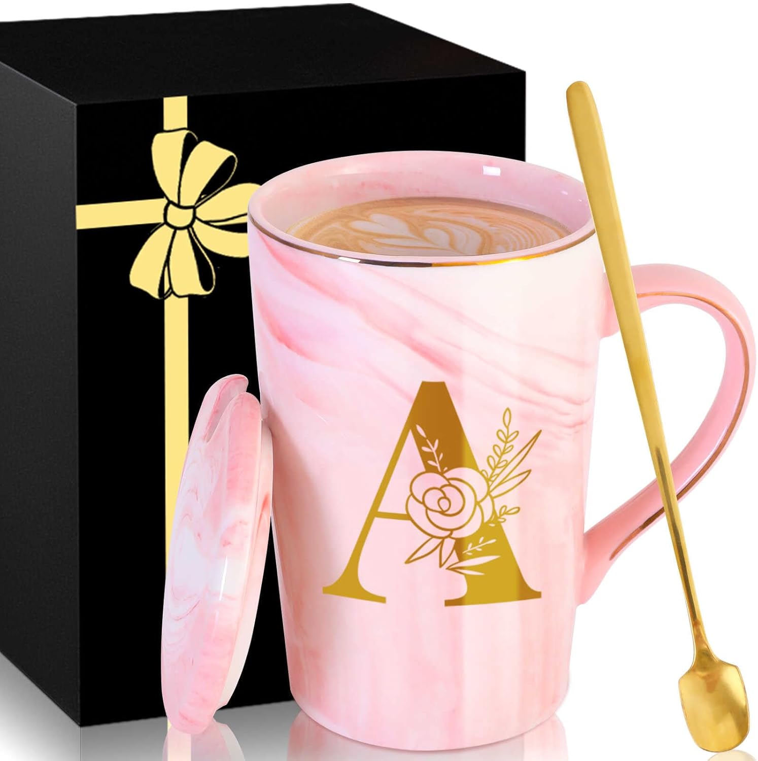Personalized Ceramic Women Coffee Mug Tea Cup with Lid Heavy Pretty Large Pink Customized Cool Cute Women Birthday Christmas Gift for Her Wife Mother Day Grandma Girlfriend Friend Friendship Unique,A