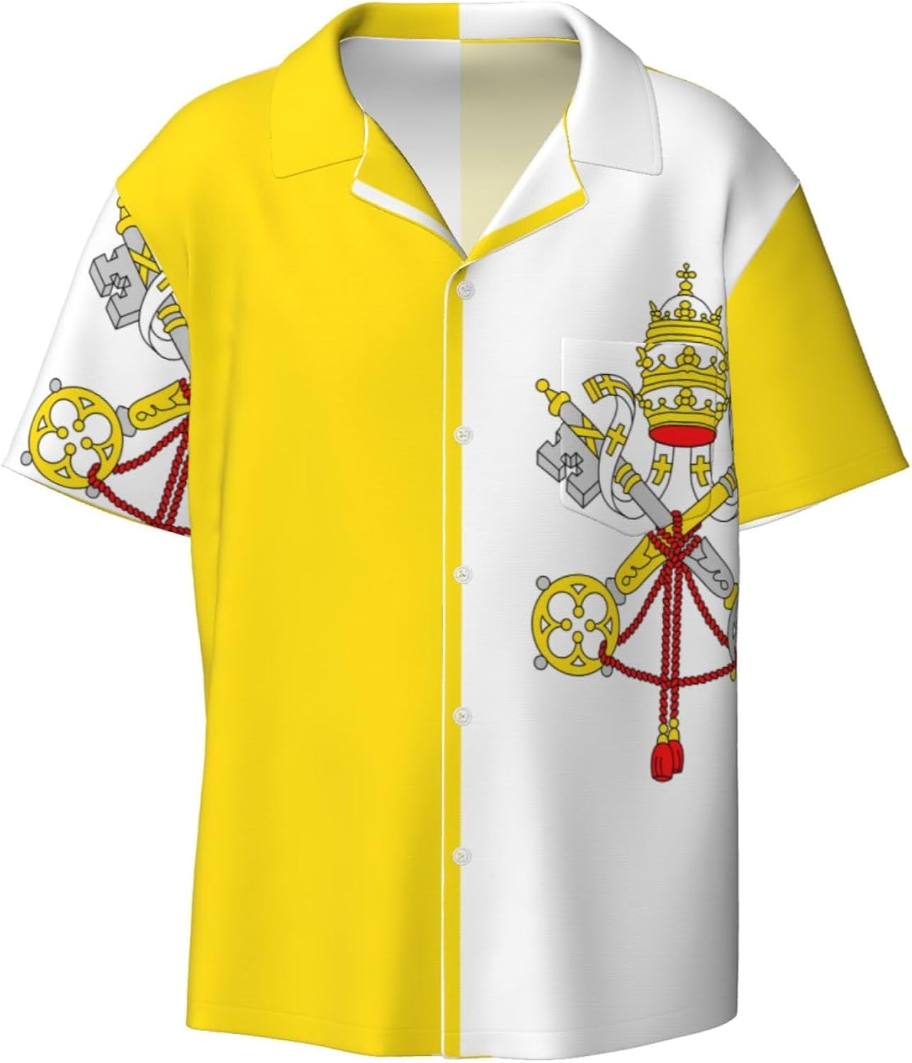 Men's Vatican Flag Printed Cuban Collar Shirt, Beach Hawaiian Vacation Short-Sleeve Top