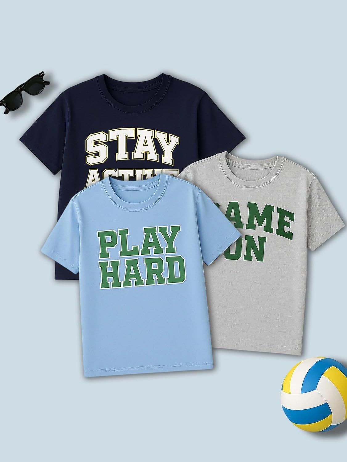 3 Pack Short Sleeve T-Shirts, Motivational Sports Slogan Print Casual Crew Neck Graphic Tees for Boys 5-9Y
