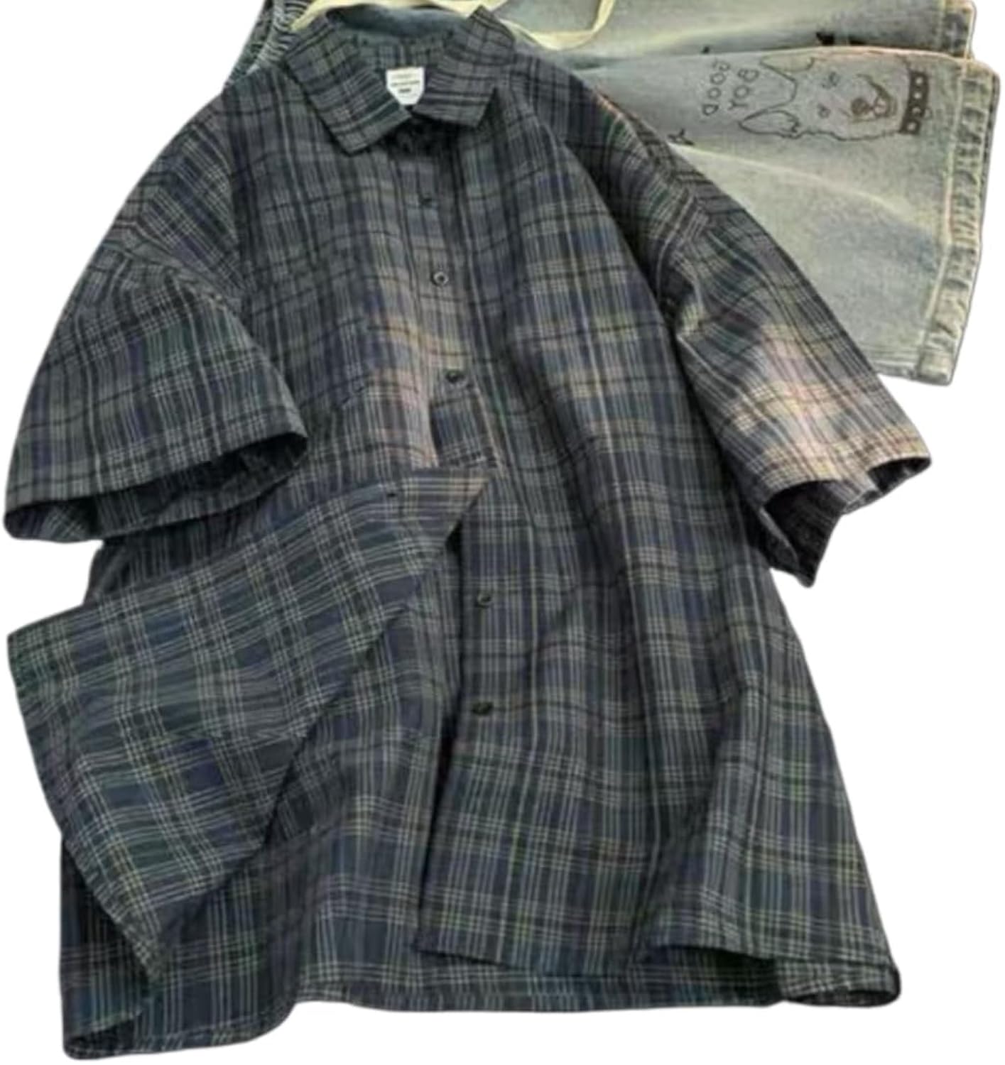 Mens Plaid Short Sleeve Teens Harajuku Vintage Aesthetic Baggy T-Shirts