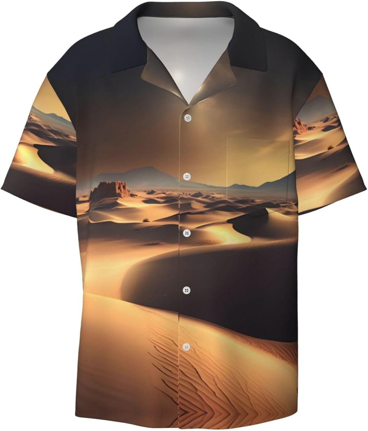 Men's Sahara Desert Printed Cuban Collar Shirt, Beach Hawaiian Vacation Short-Sleeve Top