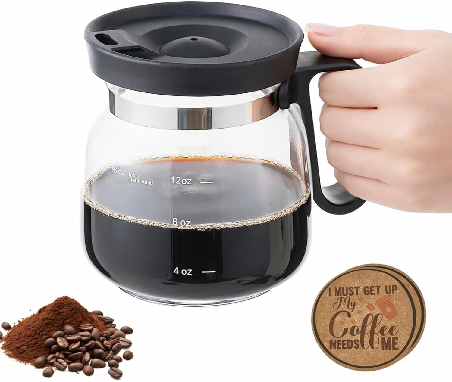 16 Oz Novelty Coffee Pot Mug - Funny Glass Carafe with Handle & Spill-Proof Lid, Unique Coffee Pot Shaped Drink Cup for Coffee Lovers, Dads, Office & Travel, Includes 2 Hilarious Cork Coasters