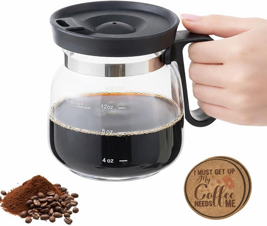 16 Oz Novelty Coffee Pot Mug - Funny Glass Carafe with Handle & Spill-Proof Lid, Unique Coffee Pot Shaped Drink Cup for Coffee Lovers, Dads, Office & Travel, Includes 2 Hilarious Cork Coasters