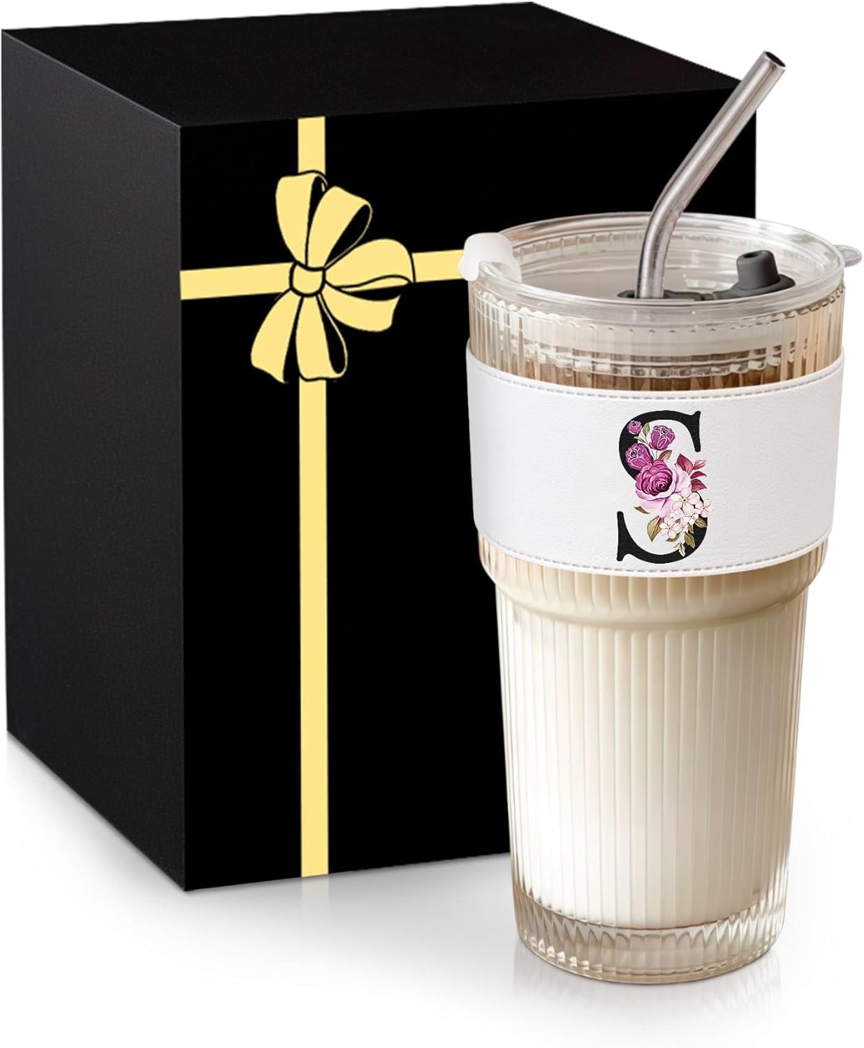 Alphabet Glass Cup with Lid Straw Ribbed Ice Tea Coffee Latte Clear Cute Stuff Women Tumbler Wife Wifey Girlfriend Gf Romantic Personalized Custom Funny Valentines Anniversary Special Day Gift S
