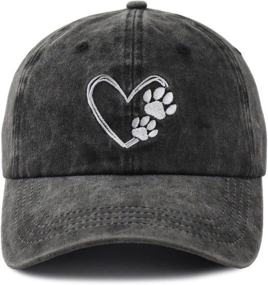Dog Paw Print with Love Heart Hat for Women Men, Adjustable Embroidered Cotton Dog Lovers Baseball Cap