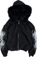 Grunge Fur Hood Zip Up Hoodie Women Men Y2k Goth Hoodie Emo Jackets Fall Winter Streetwear Sweatshirt 2000s