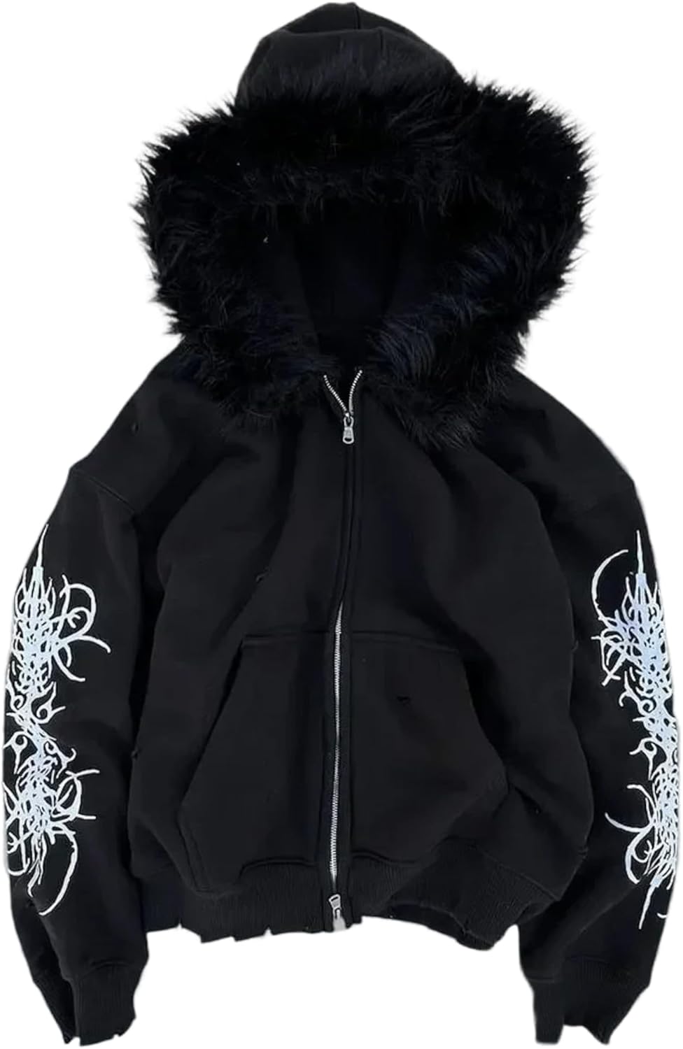 Grunge Fur Hood Zip Up Hoodie Women Men Y2k Goth Hoodie Emo Jackets Fall Winter Streetwear Sweatshirt 2000s