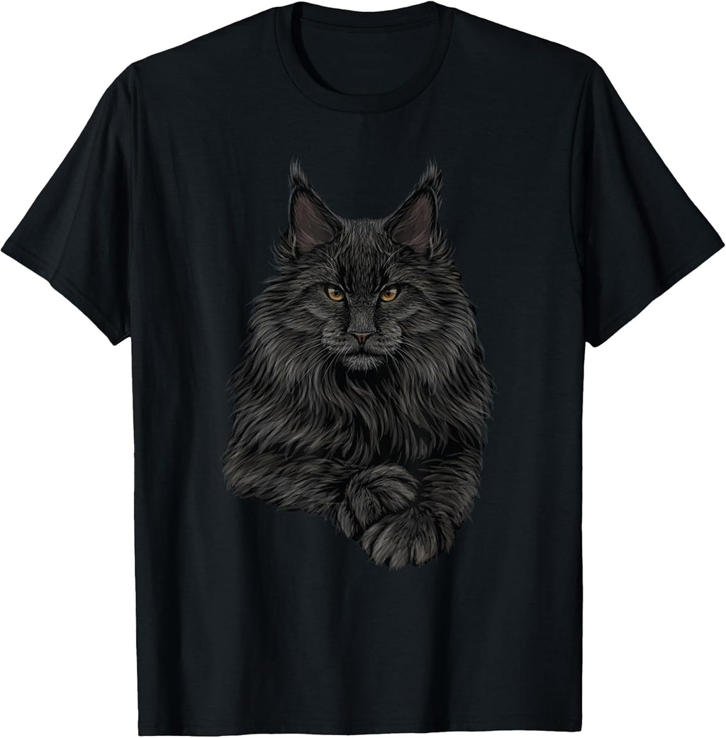 Realistic Cute Maine Coon cat Sitting for Lovers Animals T-Shirt