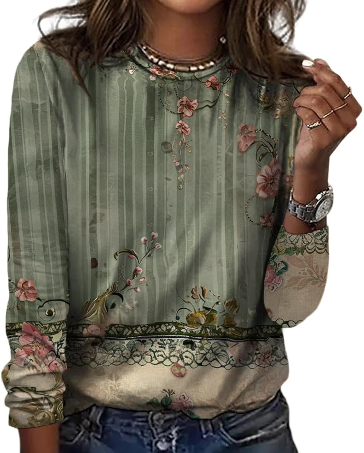 Womens Vintage Floral Tops Dressy Round Neck Work Shirts Loose Long Sleeve Graphic Tees 2025 Fall Fashion Pullover Tops