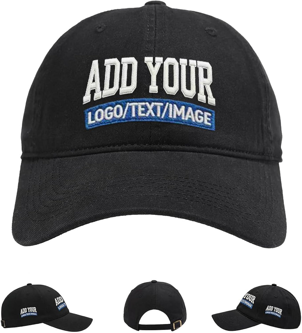 Custom Embroidered & Printed Hats for Men Women - Personalized Baseball Cap with Your Logo/Text, Vintage Dad Hat Style (Black)