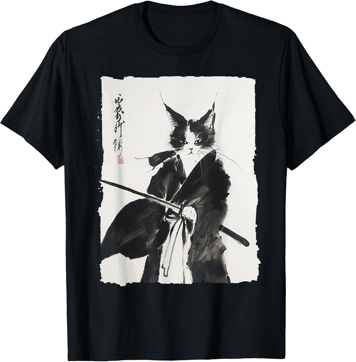 Samurai Cat Warrior Ink - Japanese Art Feline Katana T-Shirt