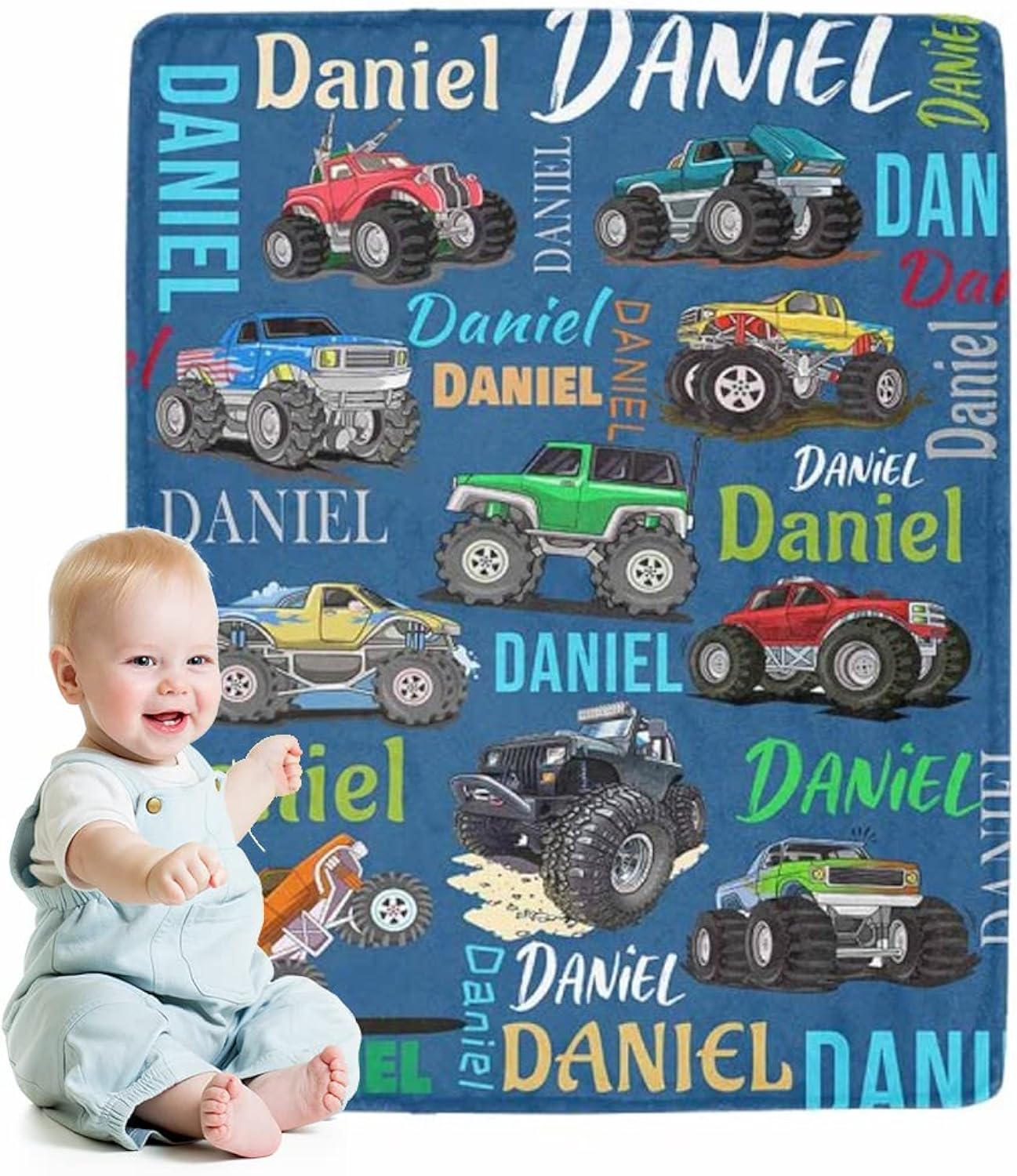 Custom Throw Blanket for Kids Boys, Personalized Car Fleece Blanket with Name Soft Cartoon Blanket for Christmas Birthday Shower Gift