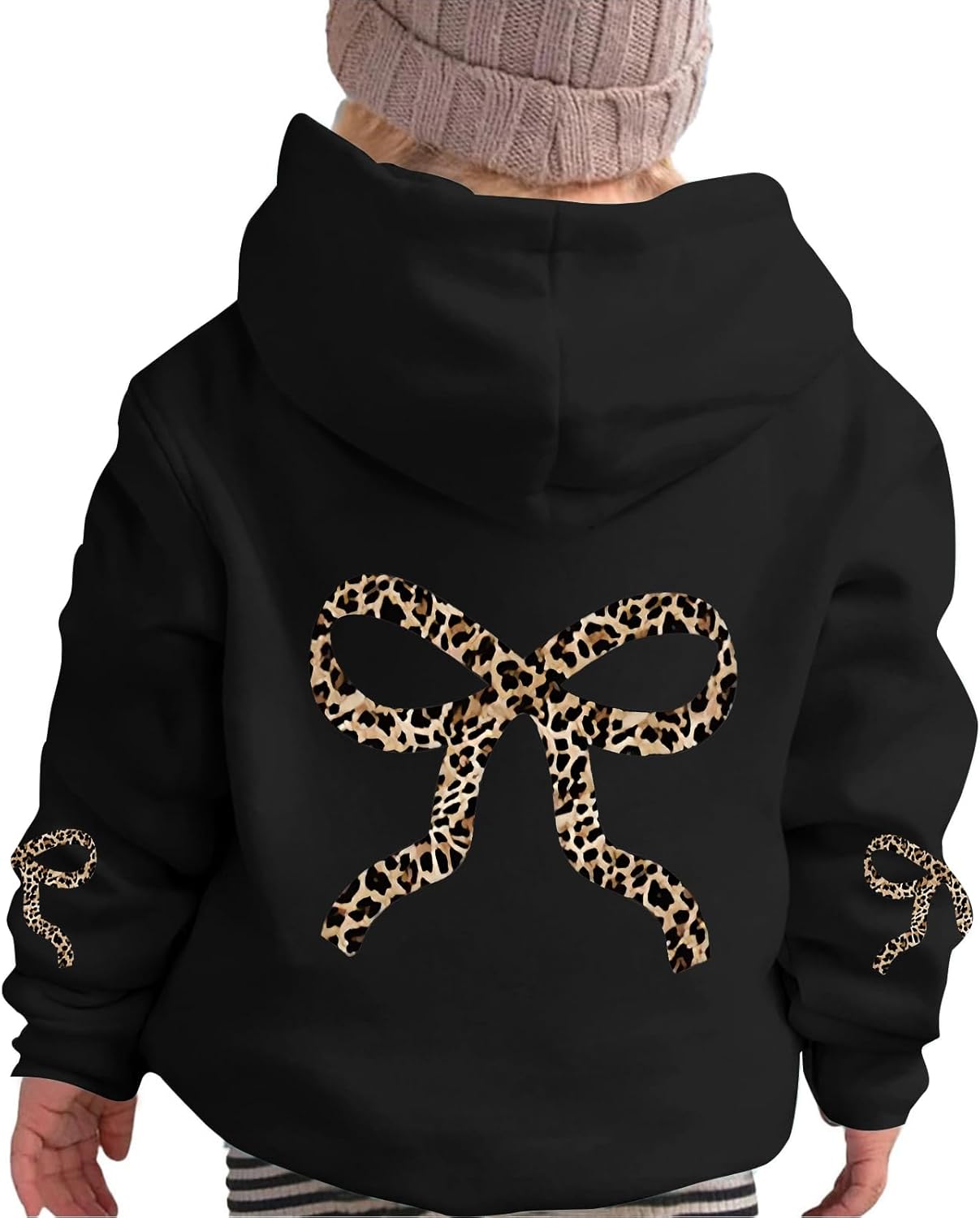 Girl's Leopard Bow Graphic Hoodies Cute Hooded Sweatshirts Kids Preppy Hoodie Long Sleeve Pullover Tops 3-12Y