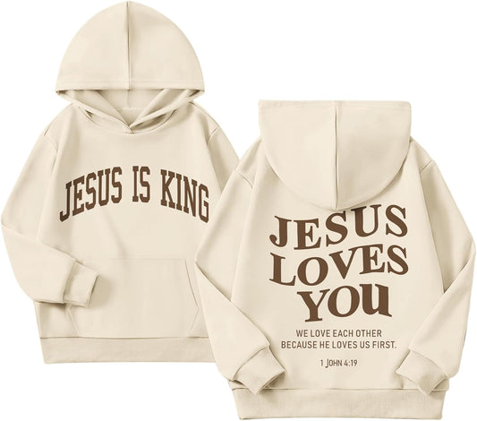 Jesus Loves You Jesus Is King Christian Hoodie for Girls God Bible Verse Religious Faith Sweatshirt Cute Graphic Top