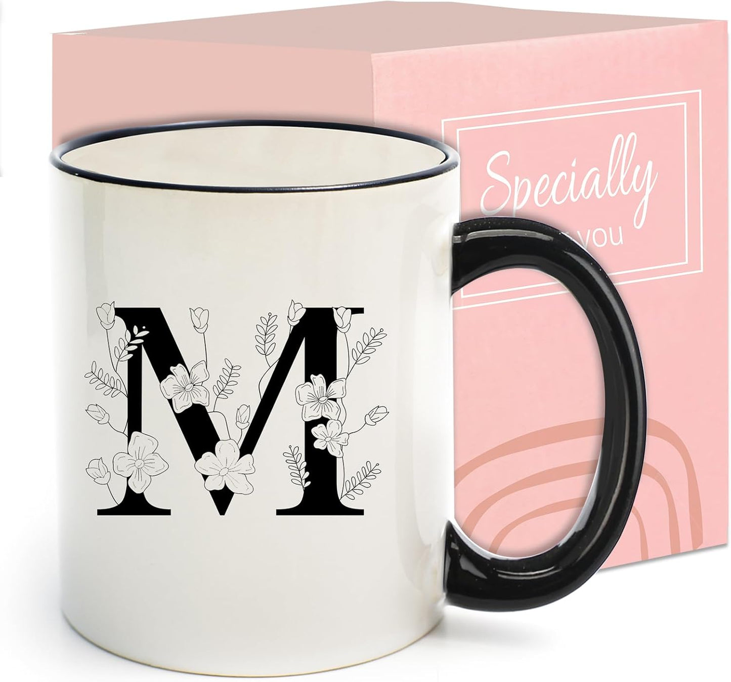 Monogram Ceramic Coffee Mugs, 11 oz Initial Drinking Cup with Gift Box, Unique Birthday Valentines Day Gifts for Women Wife Mothers Day Grandma Mom Aunt, M