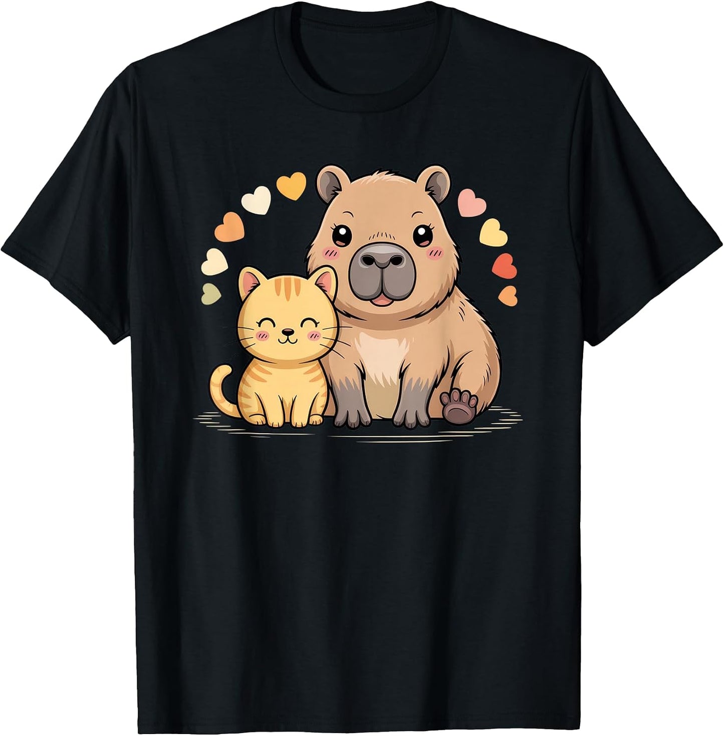 Cute Cat and Capybara Friends Funny Pet Lovers Casual Wear T-Shirt